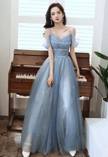 Temperament Elegant Women Blue Wrinkle Waist Spaghetti Strap Mesh Sleeves Evening Birthday Dinner Party Dress