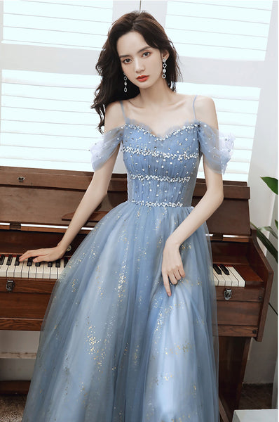 Temperament Elegant Women Blue Wrinkle Waist Spaghetti Strap Mesh Sleeves Evening Birthday Dinner Party Dress
