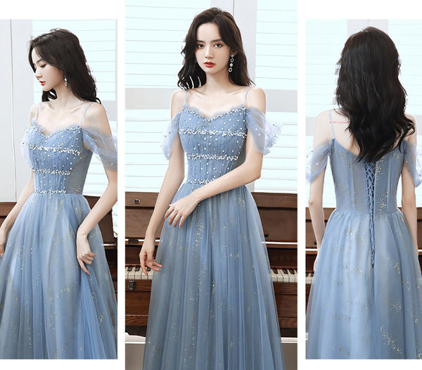 Temperament Elegant Women Blue Wrinkle Waist Spaghetti Strap Mesh Sleeves Evening Birthday Dinner Party Dress
