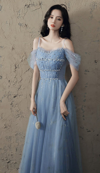 Temperament Elegant Women Blue Wrinkle Waist Spaghetti Strap Mesh Sleeves Evening Birthday Dinner Party Dress