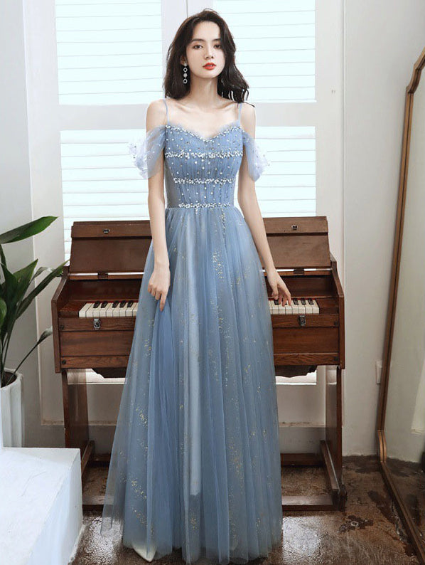 Temperament Elegant Women Blue Wrinkle Waist Spaghetti Strap Mesh Sleeves Evening Birthday Dinner Party Dress