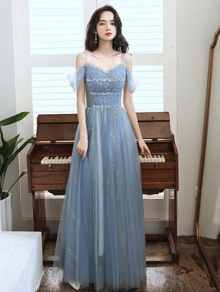 Temperament Elegant Women Blue Wrinkle Waist Spaghetti Strap Mesh Sleeves Evening Birthday Dinner Party Dress