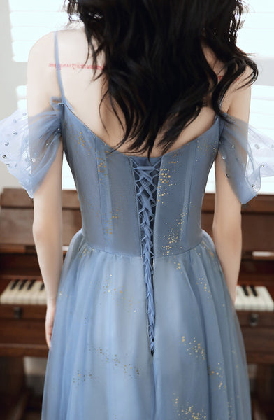 Temperament Elegant Women Blue Wrinkle Waist Spaghetti Strap Mesh Sleeves Evening Birthday Dinner Party Dress