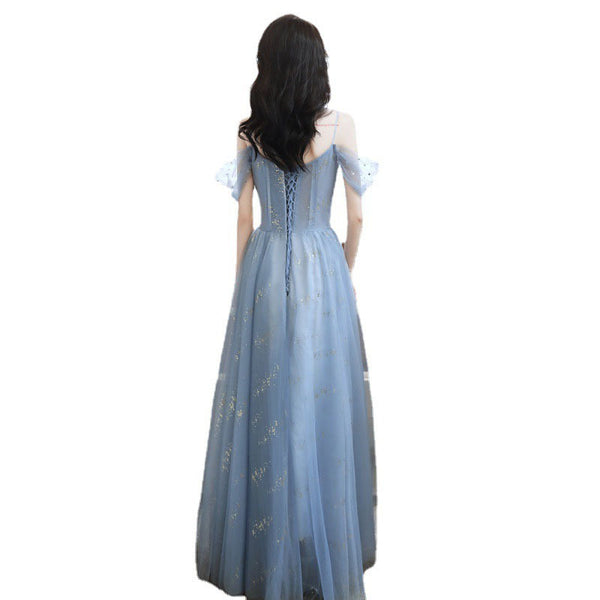 Temperament Elegant Women Blue Wrinkle Waist Spaghetti Strap Mesh Sleeves Evening Birthday Dinner Party Dress