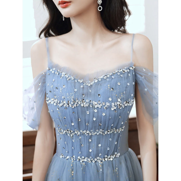 Temperament Elegant Women Blue Wrinkle Waist Spaghetti Strap Mesh Sleeves Evening Birthday Dinner Party Dress