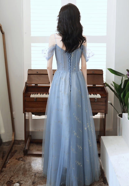 Temperament Elegant Women Blue Wrinkle Waist Spaghetti Strap Mesh Sleeves Evening Birthday Dinner Party Dress