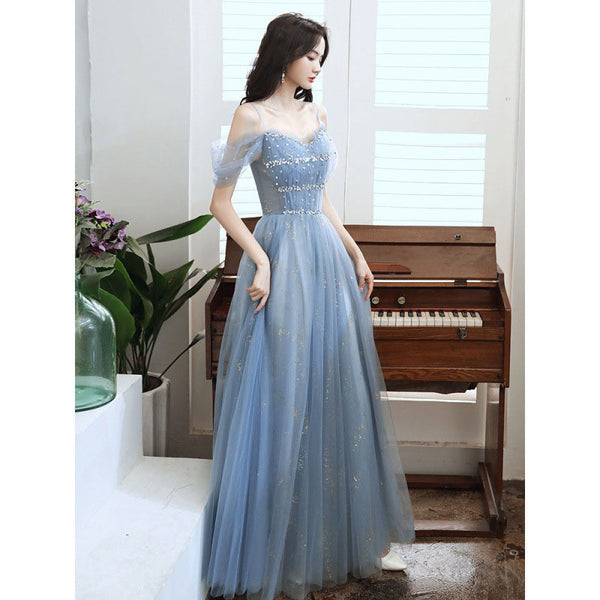 Temperament Elegant Women Blue Wrinkle Waist Spaghetti Strap Mesh Sleeves Evening Birthday Dinner Party Dress