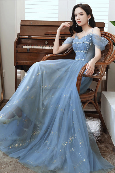 Temperament Elegant Women Blue Wrinkle Waist Spaghetti Strap Mesh Sleeves Evening Birthday Dinner Party Dress