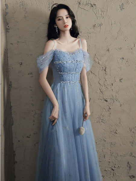 Temperament Elegant Women Blue Wrinkle Waist Spaghetti Strap Mesh Sleeves Evening Birthday Dinner Party Dress