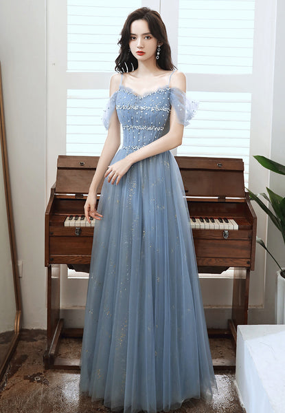 Temperament Elegant Women Blue Wrinkle Waist Spaghetti Strap Mesh Sleeves Evening Birthday Dinner Party Dress