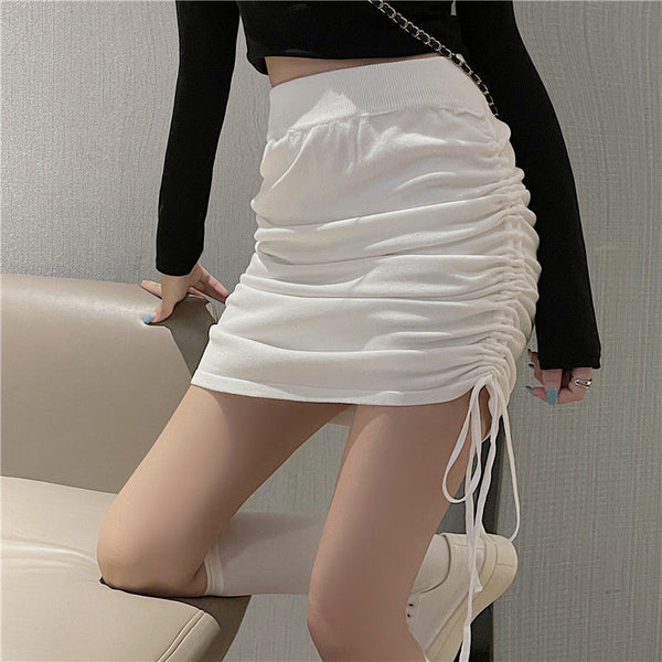 Summer Women Casual White Color High Waist Pleated Elastic Hip Wrap Drawstring Design Side Tassel Short Skirt Dress