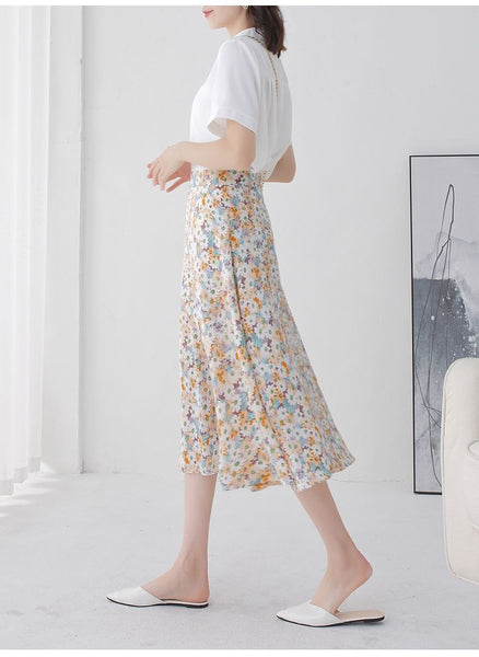 Summer Pretty Women Beautiful Daisy Flower Floral Printed High Waist Chiffon A Line Skirt