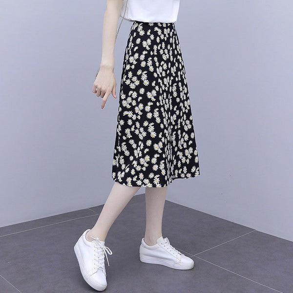 Summer Pretty Women Beautiful Daisy Flower Floral Printed High Waist Chiffon A Line Skirt