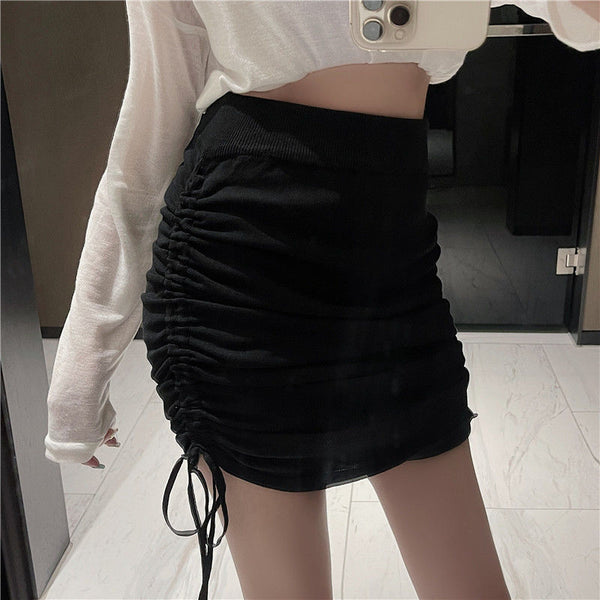 Summer Women Casual Loose Black Color High Waist Elastic Hip Wrap Drawstring Side Tassel Bodycon Short Skirt Dress