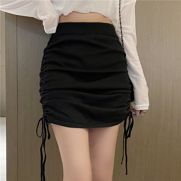 Summer Women Casual Loose Black Color High Waist Elastic Hip Wrap Drawstring Side Tassel Bodycon Short Skirt Dress