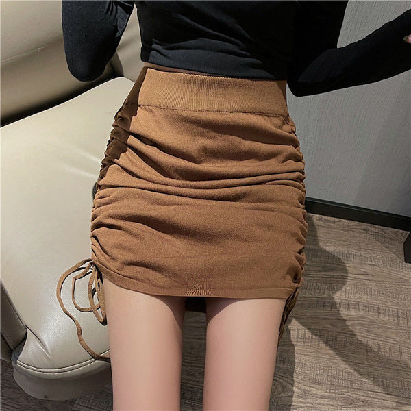 Summer Women Casual Versatile Brown Color High Waist Pleated Elastic Hip Wrap Drawstring Design Side Tassel Skirt Dress