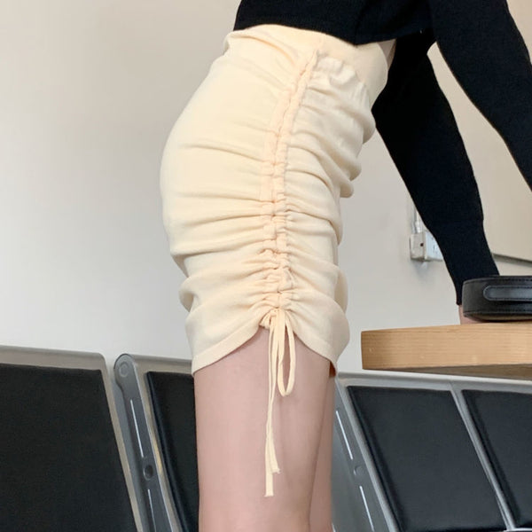 Summer Office Ladies OL Casual Versatile Apricot Color High Waist Pleated Elastic Hip Wrap Drawstring Design Side Tassel Skirt Dress