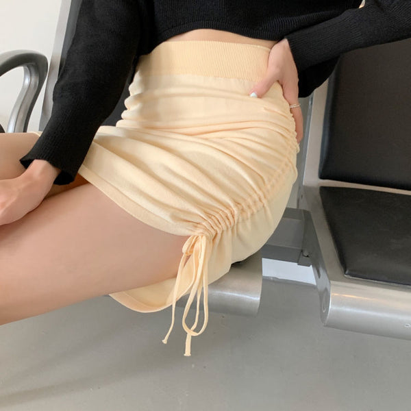 Summer Office Ladies OL Casual Versatile Apricot Color High Waist Pleated Elastic Hip Wrap Drawstring Design Side Tassel Skirt Dress