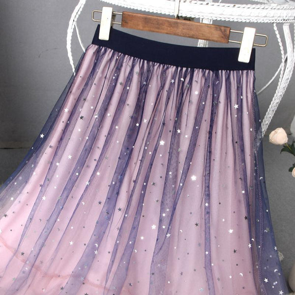 Fairy Women Gradient Pink Colors Pleated Long Skirt Starry Sky Sequin Mesh Lace Tulle A Line Dress Dresses