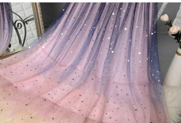 Fairy Women Gradient Pink Colors Pleated Long Skirt Starry Sky Sequin Mesh Lace Tulle A Line Dress Dresses