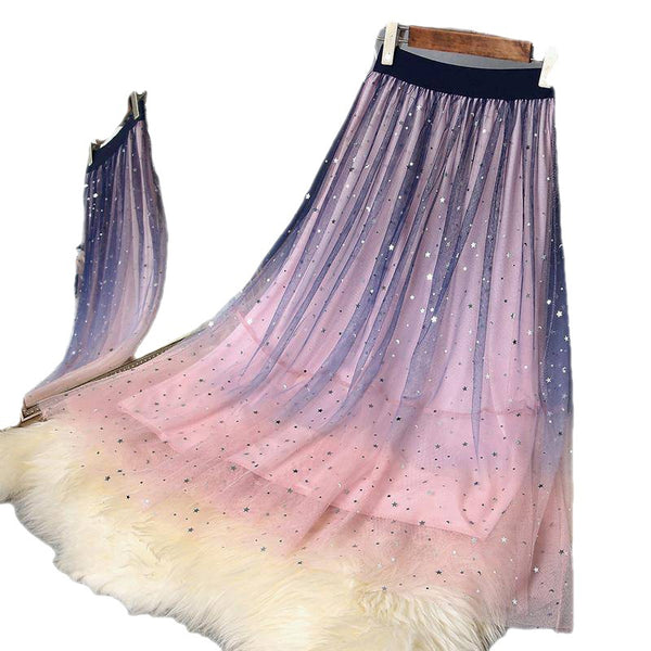 Fairy Women Gradient Pink Colors Pleated Long Skirt Starry Sky Sequin Mesh Lace Tulle A Line Dress Dresses