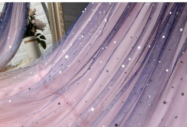 Fairy Women Gradient Pink Colors Pleated Long Skirt Starry Sky Sequin Mesh Lace Tulle A Line Dress Dresses