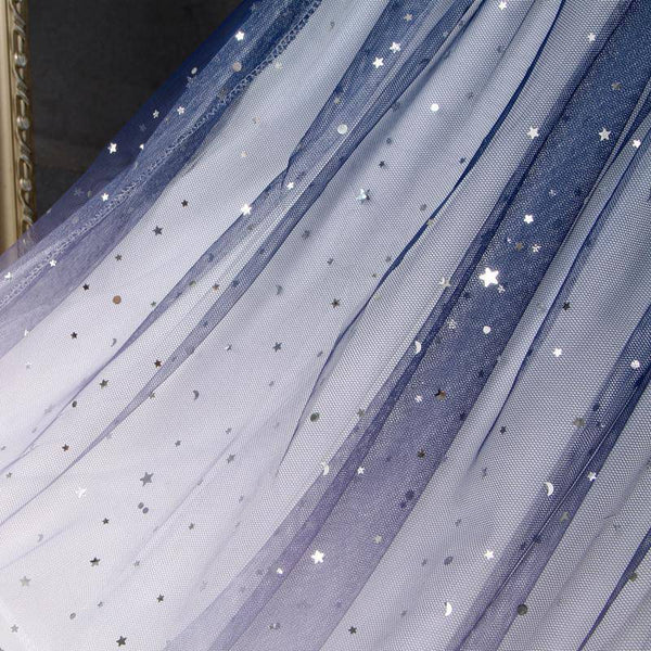 Fairy Women Gradient Blue White Colors Pleated Long Skirt Starry Sky Sequin Mesh Lace Tulle A Line Dress Dresses