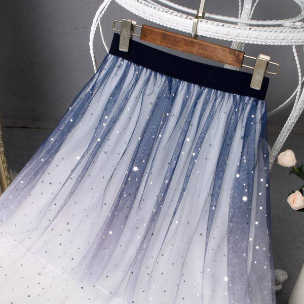 Fairy Women Gradient Blue White Colors Pleated Long Skirt Starry Sky Sequin Mesh Lace Tulle A Line Dress Dresses