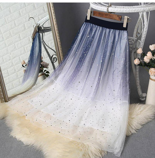 Fairy Women Gradient Blue White Colors Pleated Long Skirt Starry Sky Sequin Mesh Lace Tulle A Line Dress Dresses