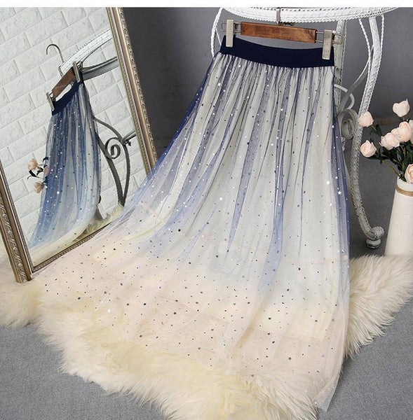 Fairy Women Gradient Blue Apricot Colors Pleated Long Skirt Starry Sky Sequin Mesh Lace Tulle A Line Dress Dresses