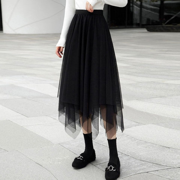 Fairy Attractive Women Irregular Mesh High Waist Pleated A Line Long Tutu Night Out Tulle Skirt