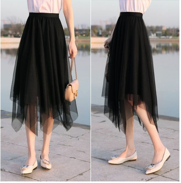 Fairy Attractive Women Irregular Mesh High Waist Pleated A Line Long Tutu Night Out Tulle Skirt
