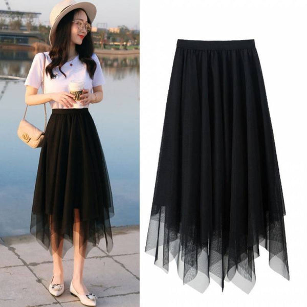 Fairy Attractive Women Irregular Mesh High Waist Pleated A Line Long Tutu Night Out Tulle Skirt