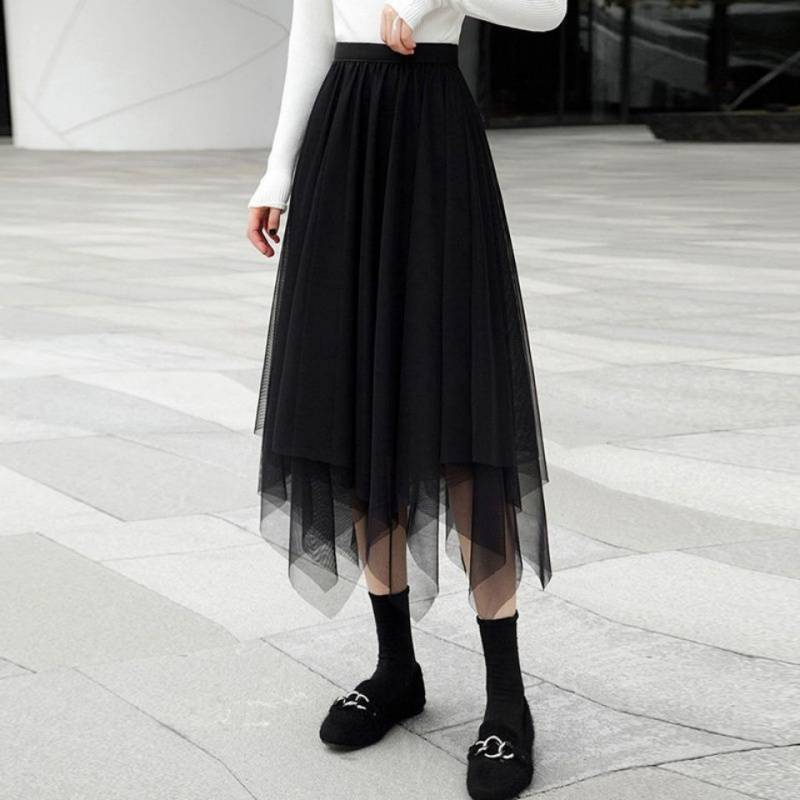 Fairy Attractive Women Irregular Mesh High Waist Pleated A Line Long Tutu Night Out Tulle Skirt