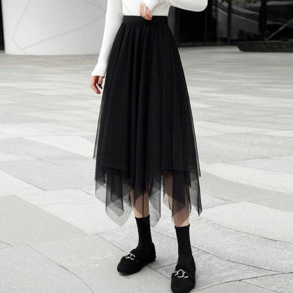 Fairy Attractive Women Irregular Mesh High Waist Pleated A Line Long Tutu Night Out Tulle Skirt