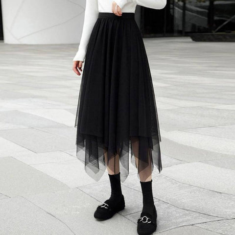 Fairy Attractive Women Irregular Mesh High Waist Pleated A Line Long Tutu Night Out Tulle Skirt