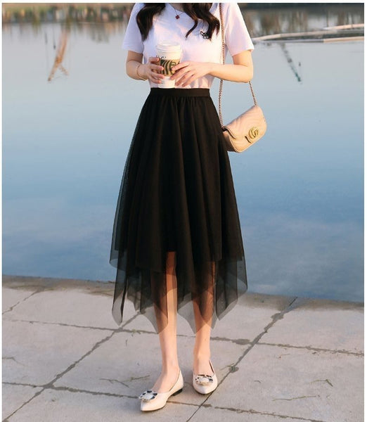 Fairy Attractive Women Irregular Mesh High Waist Pleated A Line Long Tutu Night Out Tulle Skirt