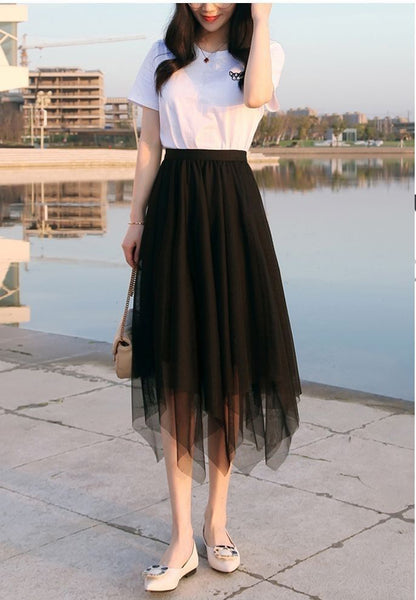 Fairy Attractive Women Irregular Mesh High Waist Pleated A Line Long Tutu Night Out Tulle Skirt