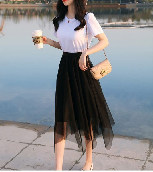 Fairy Attractive Women Irregular Mesh High Waist Pleated A Line Long Tutu Night Out Tulle Skirt