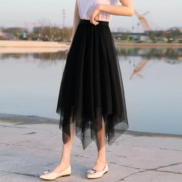 Fairy Attractive Women Irregular Mesh High Waist Pleated A Line Long Tutu Night Out Tulle Skirt
