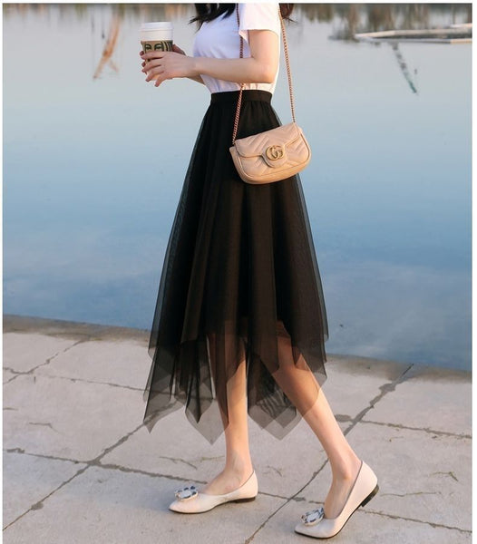 Fairy Attractive Women Irregular Mesh High Waist Pleated A Line Long Tutu Night Out Tulle Skirt