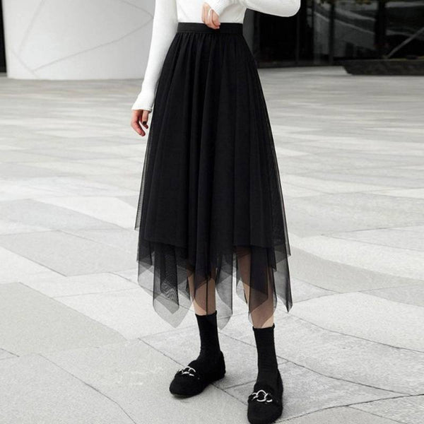 Fairy Attractive Women Irregular Mesh High Waist Pleated A Line Long Tutu Night Out Tulle Skirt