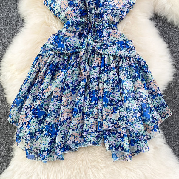 Summer Charm Women Fashion Chiffon Sleeveless Floral Spaghetti Strap Ruched High Waist A Line Puffy Dress