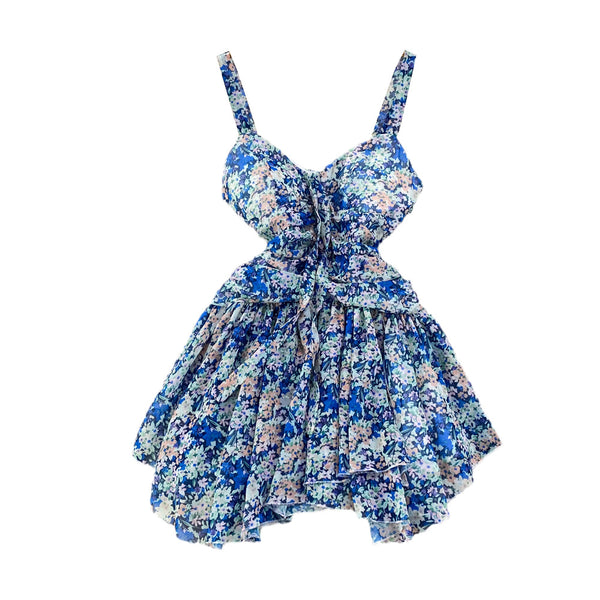 Summer Charm Women Fashion Chiffon Sleeveless Floral Spaghetti Strap Ruched High Waist A Line Puffy Dress