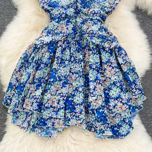 Summer Charm Women Fashion Chiffon Sleeveless Floral Spaghetti Strap Ruched High Waist A Line Puffy Dress