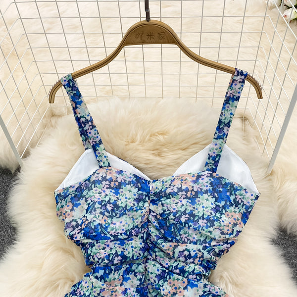 Summer Charm Women Fashion Chiffon Sleeveless Floral Spaghetti Strap Ruched High Waist A Line Puffy Dress