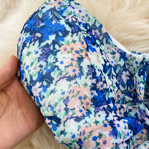 Summer Charm Women Fashion Chiffon Sleeveless Floral Spaghetti Strap Ruched High Waist A Line Puffy Dress