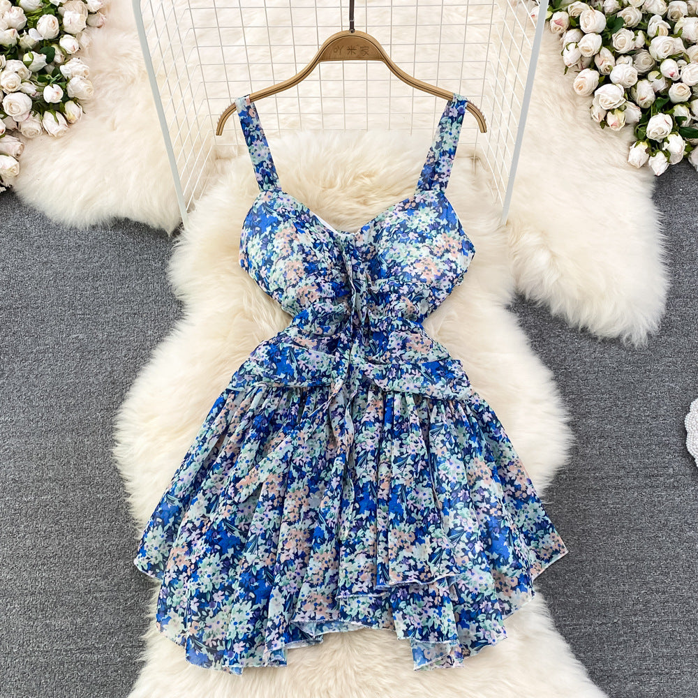 Summer Charm Women Fashion Chiffon Sleeveless Floral Spaghetti Strap Ruched High Waist A Line Puffy Dress