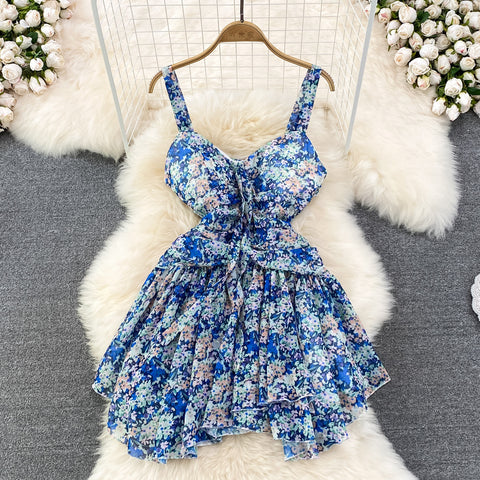 Summer Charm Women Fashion Chiffon Sleeveless Floral Spaghetti Strap Ruched High Waist A Line Puffy Dress