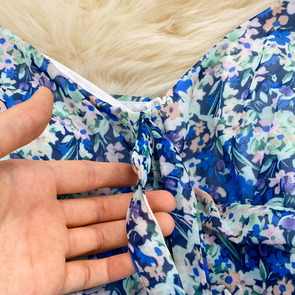 Summer Charm Women Fashion Chiffon Sleeveless Floral Spaghetti Strap Ruched High Waist A Line Puffy Dress